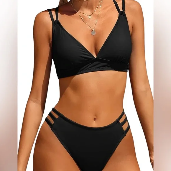 CHARMO womens Strappy black V Neck athletic bikini High Cut Low Rise Bikini NWT - Picture 1 of 9